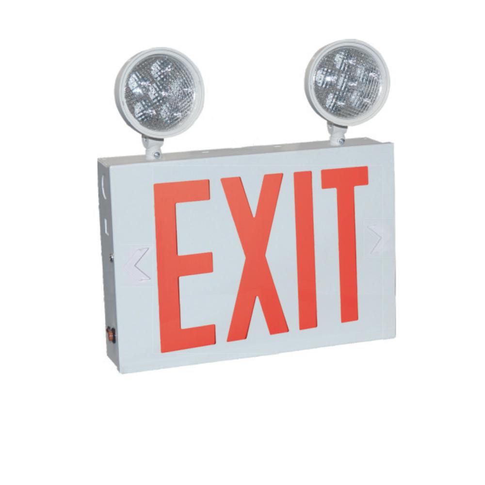 NYC Approved Steel LED Exit with Two 12W Adjustable Heads, Battery Backup, White Housing w/ Red