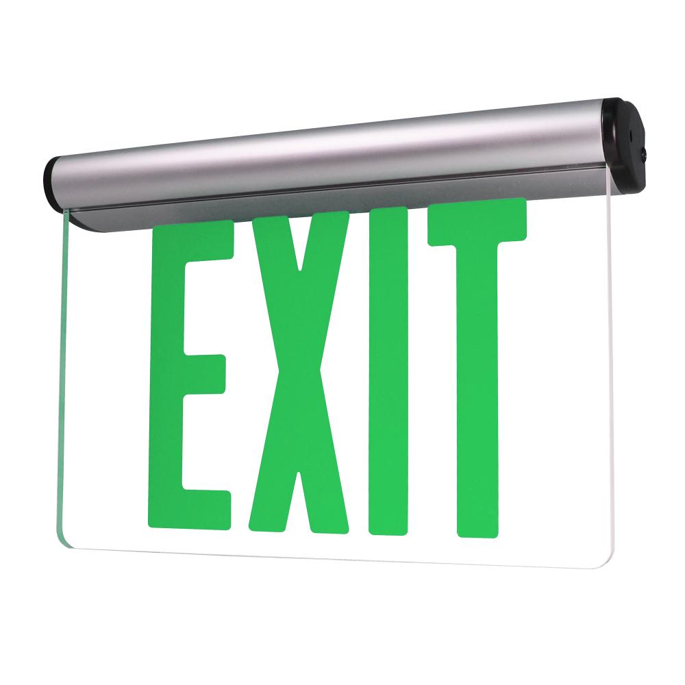 Surface Adjustable LED Edge-Lit Exit Sign, Battery Backup, 6&#34; Green Letters, Single Face / Clear