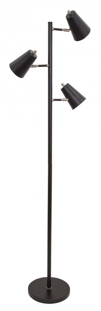 Kirby LED Three Light Floor Lamp in Black with Satin Nickel Accents