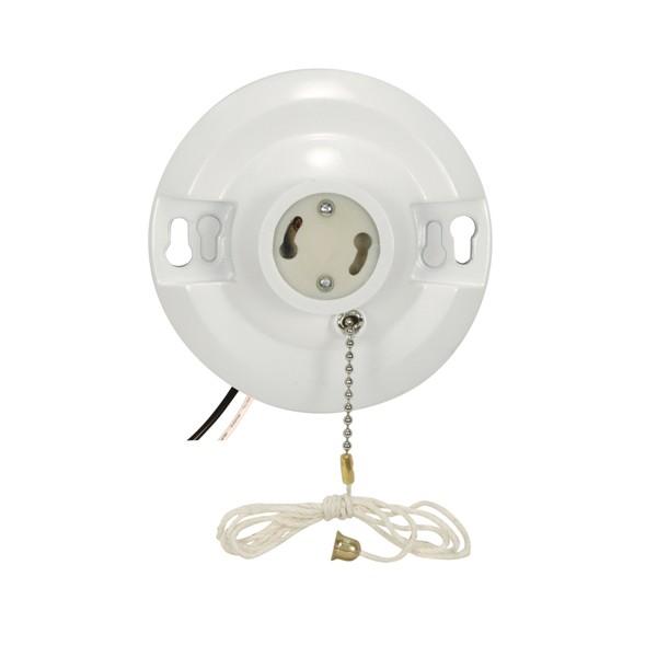 White Phenolic GU24 On-Off Pull Chain Ceiling Receptacle; 6&#34; AWM B/W Leads 105C; 4-1/2&#34;