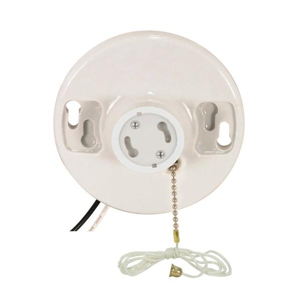 Pull Chain White Porcelain GU24 On-Off Pull Chain Ceiling Receptacle; 6&#34; AWM B/W Lead;