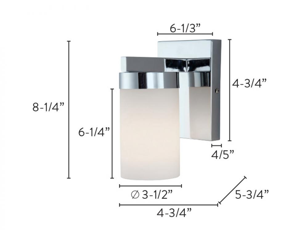 Milo, 1 Lt Vanity, Flat Opal Glass, 100W Type A, 4 3/4&#34; W x 8 1/4&#34; H x 5 3/4&#34; D