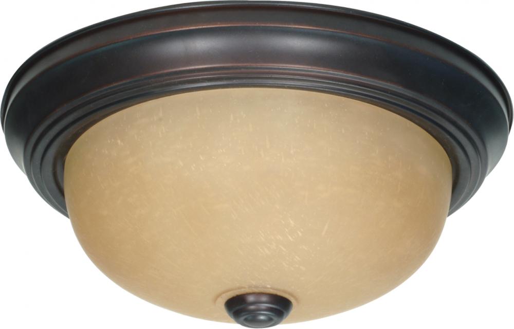 2 Light - 11&#34; Flush with Champagne Linen Washed Glass - Mahogany Bronze Finish