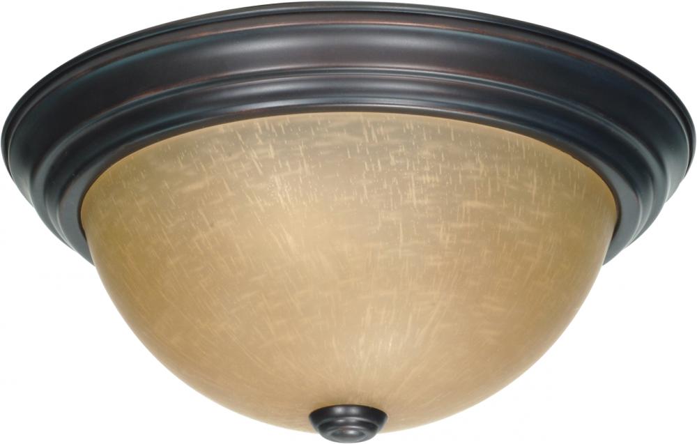 2 Light - 13&#34; Flush with Champagne Linen Washed Glass - Mahogany Bronze Finish