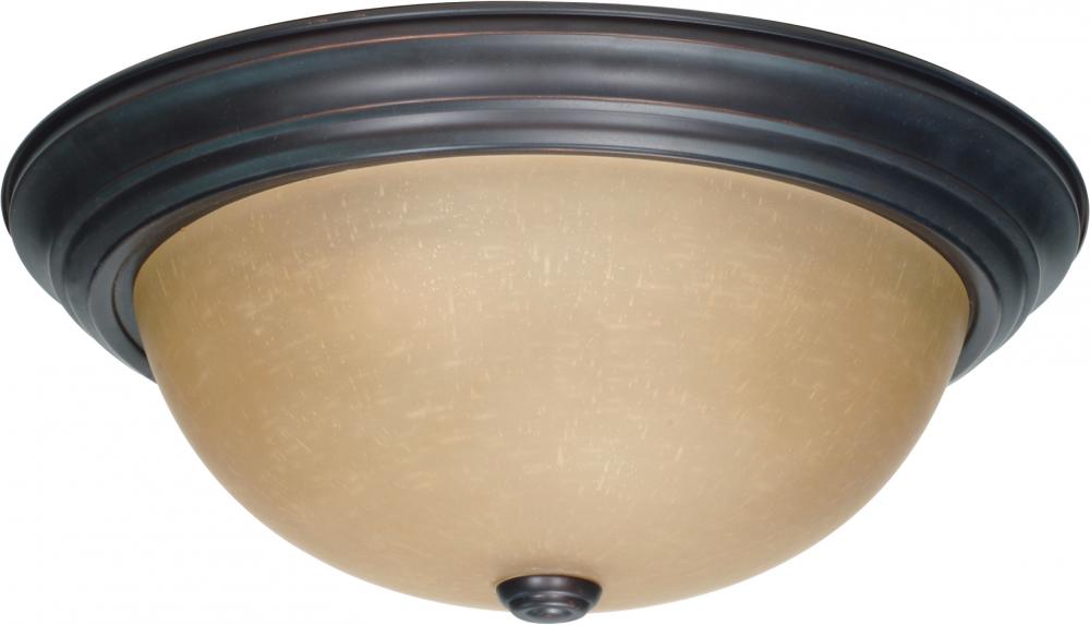 3 Light - 15&#34; Flush with Champagne Linen Washed Glass - Mahogany Bronze Finish