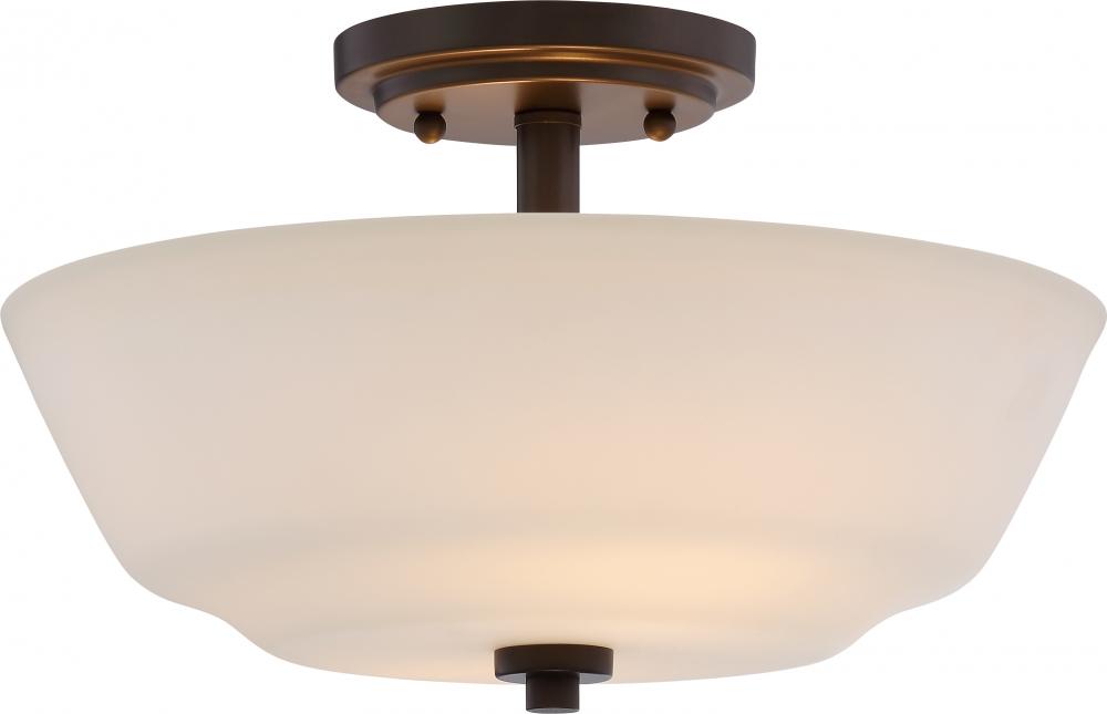 Willow - 2 Light Semi Flush with White Glass - Aged Bronze Finish