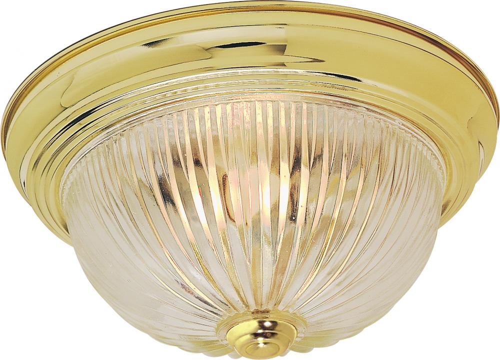 2 Light - 11&#34; Flush with Clear Ribbed Glass - Polished Brass Finish