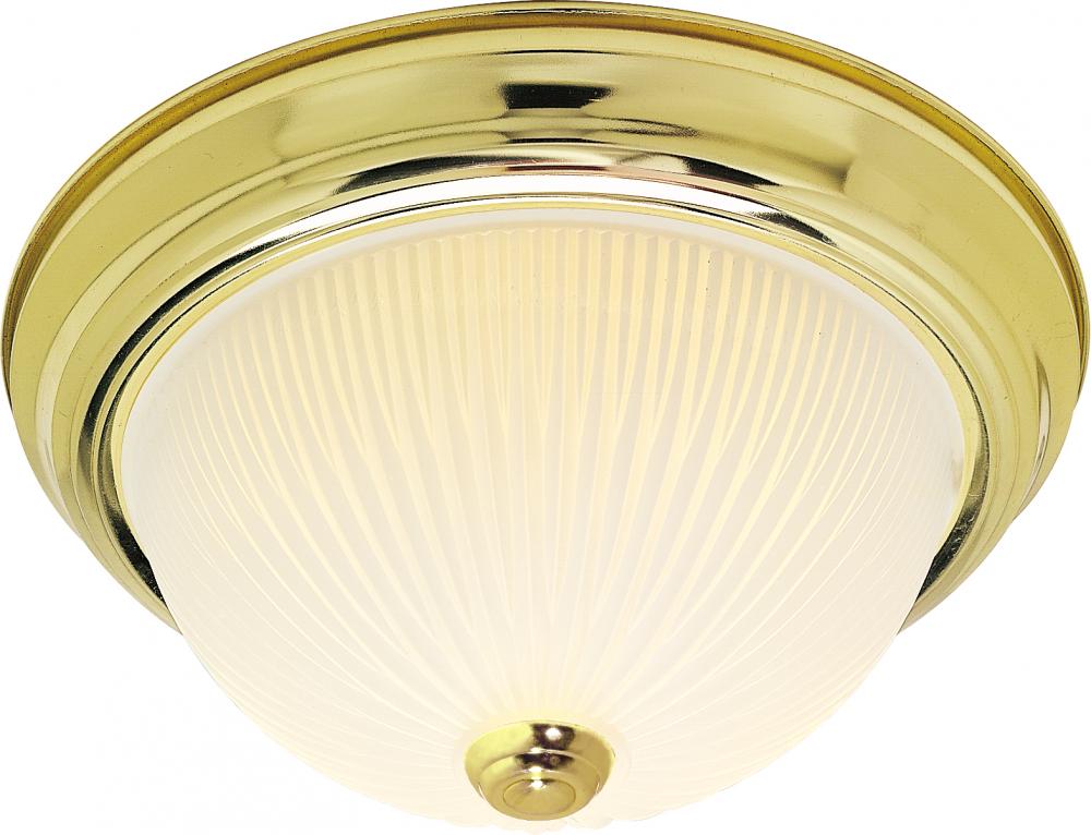 2 Light - 11&#34; Flush with Frosted Ribbed - Polished Brass Finish